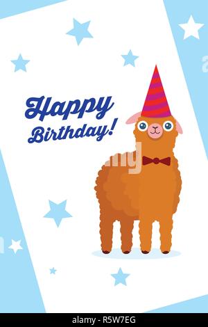 Lama alpaca on creative postcard with holiday background and caption. Vector illustration for Happy Birthday poster or Greating card design. Stock Vector