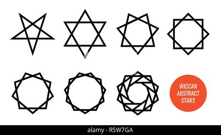 Wiccan symbol and all polygonal stars, pentagram, sexagram and other isolated on white - Big vector set of line symbols. Stock Vector