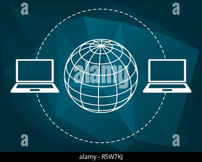 Two white laptop computers communicate wireless around a globe on a blue low poly background. Global connection, wireless communication, transfer data Stock Vector