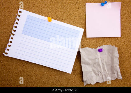 3 set colorful of sticky notes push pins on cork board Stock Photo