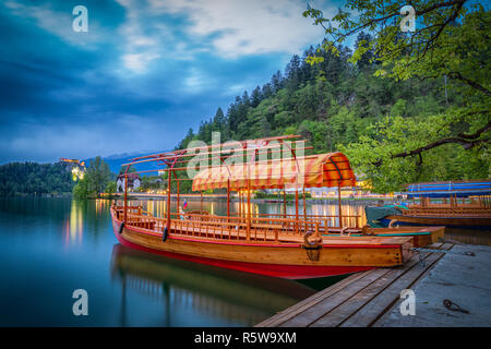 Traditional pletna boats on Lake Bled, Slovenia Stock Photo