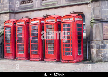 Red telephone boxes in Middlesbrough town centre Stock Photo