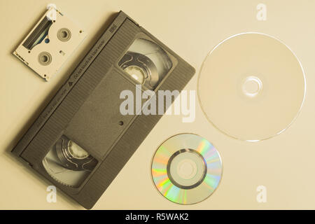 Various media types. compact disc. video tape. digital video cassette Stock Photo