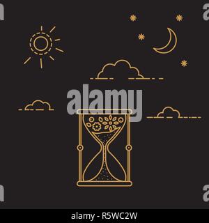 Hourglass vector icon with clouds and sun. Stock Vector