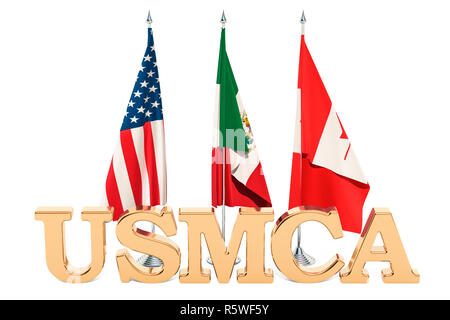 Flags of the United States, Mexico and Canada, USMCA agreement concept. 3D rendering Stock Photo