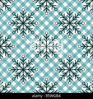 black snowflakes seamless pattern on blue tartan background. Winter holidays. Vector illustration. eps 10 Stock Vector