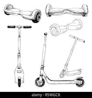 Set of different scooters and hoverboards. Vector illustration in sketch style. Stock Vector
