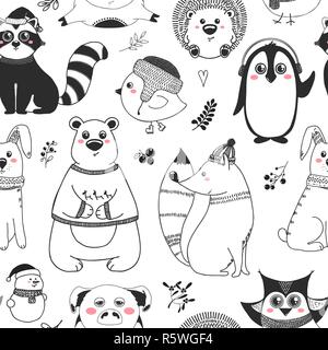 Seamless pattern with animals and different christmas elements. Vector illustration in sketch style. Stock Vector