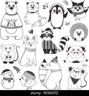 Set of animals and different christmas elements. Vector illustration in sketch style. Stock Vector
