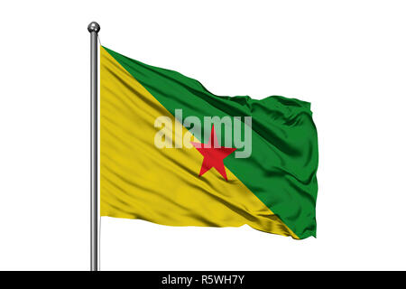 Flag of French Guiana waving in the wind, isolated white background. Stock Photo