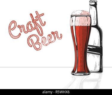 Bottle of beer. Glass with beer. Craft beer. Vector illustration of a sketch style. Stock Vector