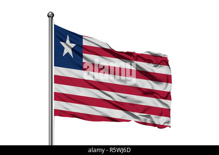 Flag of Liberia waving in the wind, isolated white background. Liberian flag. Stock Photo