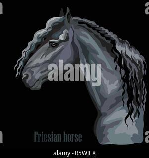 Colorful portrait of  Friesian horse. Horse head in profile isolated vector hand drawing illustration on black background Stock Vector