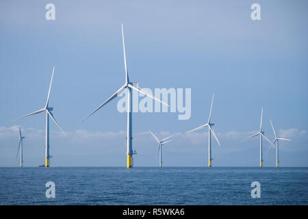 MHI Vestas V164-8.0MW wind turbines on the Walney Extension Offshore wind farm, the world's largest offshore wind farm. The turbines are one of the most powerful turbines in the world Stock Photo