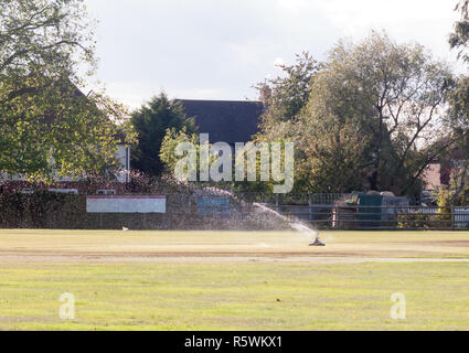 sprinkler in action water spray on cricket green field Stock Photo