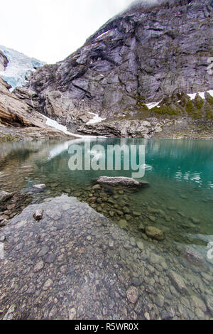 Retreating Briksdal Glacier at the head of Briksdal Valley, Olden, Norway. Stock Photo