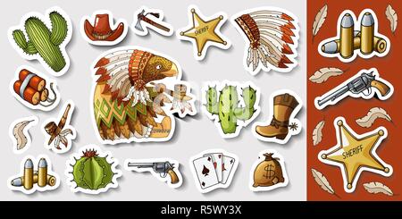 Western wild west art stickers set. Gun, bullets, dynamite and many other items Stock Vector