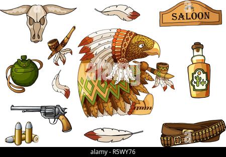 Western wild west art stickers set. Gun, skull, flask, feathers and other items Stock Vector