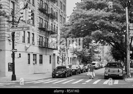 New York, USA - July 04, 2018: Pedestrian crossing at the Manhattan Avenue. Stock Photo