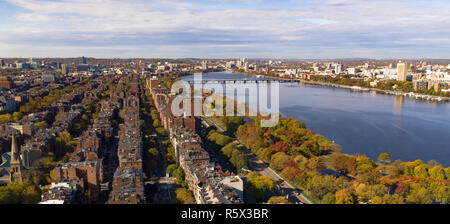 Rows of building give way to the Charles River in this airial view south from Boston Common Stock Photo