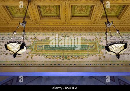 Chicago, Illinois, USA. Detailed, inlaid tile illuminated by glass chandeliers in the Cultural Center. Stock Photo