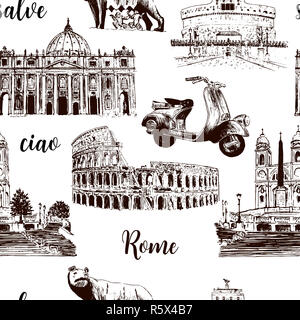 Rome sightseeing seamless pattern set: Coliseum, St. Peter Cathedral, wolf, romulus, etc drawn vector sketch illustration. Stock Photo