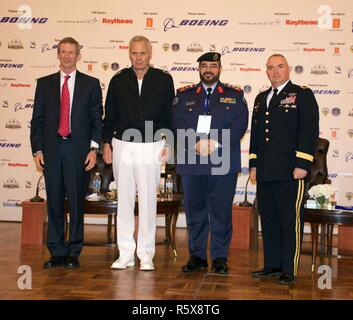 Howard Bromberg, Vice President and Deputy, Strategy and Business Development, Air and Missile Defense, Lockheed Martin, Vice Adm. James D. Syring, Director, Missile Defense Agency, Brig. Gen. Adel Al Hafez, Commander, Kuwait Air Defense Forces, and Maj. Gen. Blake C. Ortner, 29th Infantry Division Commanding General conclude a panel discussion at the Kuwait International Air Power and Defense Symposium March 27, 2017 at the Regency Hotel, Kuwait City, Kuwait. KIAPADS was held in commemoration of the Liberation of Kuwait. Stock Photo