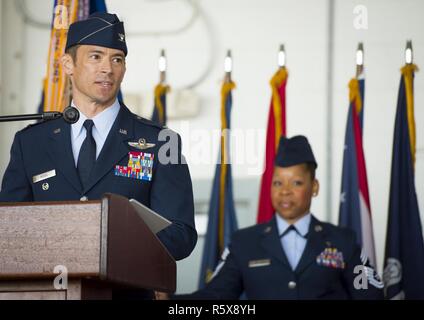 Col. Paul Moga speaks to the crowd and his Airmen after taking command ...