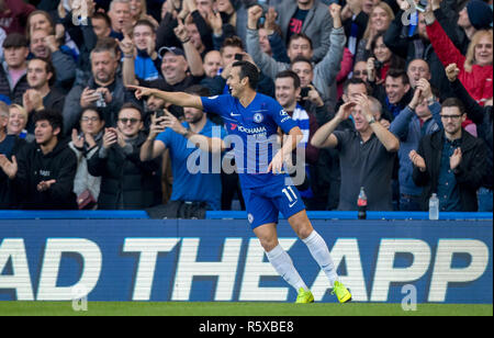 London, UK. 2nd Dec, 2018. PEDRO of Chelsea celebrates his goal during the Premier League match between Chelsea and Fulham at Stamford Bridge, London, England on 2 December 2018. Photo by Andy Rowland. (Photograph May Only Be Used For Newspaper And/Or Magazine Editorial Purposes. www.football-dataco.com) Credit: Andrew Rowland/Alamy Live News Stock Photo