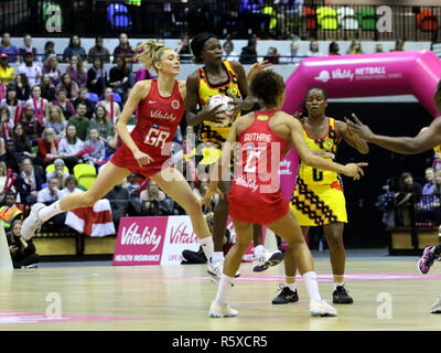 LONDON, UK. 2nd Dec, 2018. Helen Housby and Serena Guthrie in The Vitality Netball International Series match between England and Uganda at the Copper Box Arena on December 2, 2018 in London, England, UK Credit: Grant Burton/Alamy Live News Stock Photo