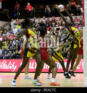 LONDON, UK. 2nd Dec, 2018. The Vitality Netball International Series match between England and Uganda at the Copper Box Arena on December 2, 2018 in London, England, UK Credit: Grant Burton/Alamy Live News Stock Photo