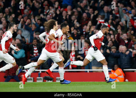 London, UK. 2nd Dec, 2018. Arsenal's players celebrate after scoring during the English Premier League match between Arsenal and Tottenham Hotspur at the Emirates Stadium in London, Britain on Dec. 2, 2018. Arsenal won 4-2. Credit: Matthew Impey/Xinhua/Alamy Live News Stock Photo