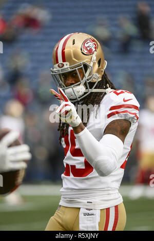 September 17, 2017: Seattle Seahawks cornerback Richard Sherman (25)  adjusts his helmet during a game between the San Francisco 49ers and the Seattle  Seahawks at CenturyLink Field in Seattle, WA on September