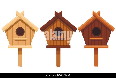 Set of wooden bird house. Nesting box from different types of wood. Flat vector illustration isolated on white background. Stock Vector