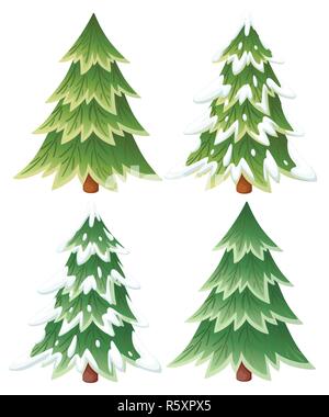 Collection of green spruce trees. Evergreen flat style. Christmas tree in the snow. Vector illustration isolated on white background. Stock Vector