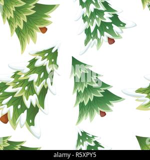Seamless pattern. Collection of green spruce trees. Evergreen flat style. Christmas tree in the snow. Vector illustration on white background. Stock Vector
