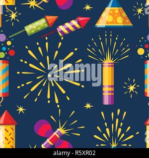 Seamless pattern. Collection of firecracker. Pyrotechnic colorful icon set. Firework for New Year celebration. Flat vector illustration on dark blue b Stock Vector