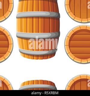 Seamless pattern. Wooden barrel with metal bands. Wine or beer keg. Flat vector illustration on white background. Stock Vector