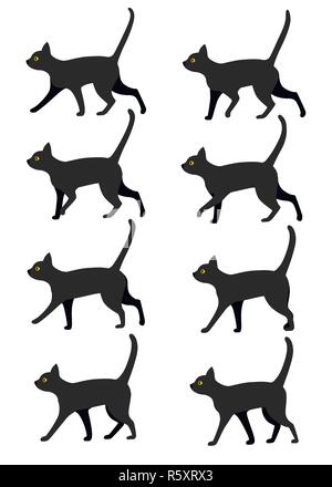 Set of black cat icon collection. Black cat poses for walk animation preset. Flat vector illustration isolated on white background. Stock Vector