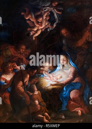 Adoration of the Shepherds by Giuseppe Bartolomeo Chiari (1654-1727), oil on canvas. Nativity scene. Stock Photo