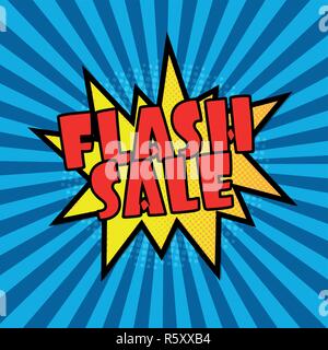 flash sale pop art comic explosion speech bubble on blue background Stock Vector