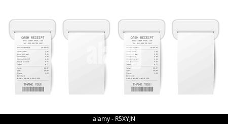Vector Realistic 3d Paper Printed Sales Shop Receipt Set with Barcode Closeup Isolated on White Background. Design Template of Bill ATM, Receipt Records, Paper Financial Check for Mockup. Top View Stock Vector