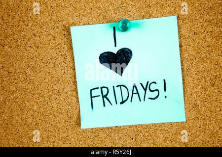 Sticky Note On Cork Board Background I love Friday Concept Stock Photo