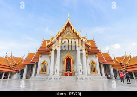 Thai Marble Temple (Wat Benchamabophit Dusitvanaram) with copy space in Bangkok, Thailand Stock Photo