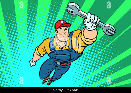 Cartoon style illustration of a superhero handyman holding spanner and ...