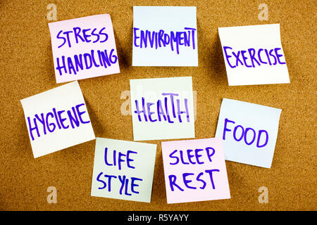 A yellow sticky note writing, caption, inscription health concept - word cloud or circle of contributing factors, colorful sticky notes on cork bulletin board in black ext on a sticky note pinned to a cork notice board Stock Photo
