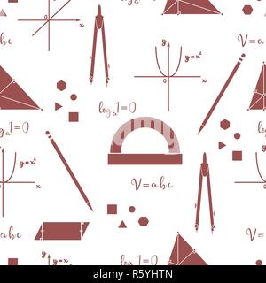 Mathematical scientific vector seamless pattern with geometry plots, tools and formulas. Education elements. Compasses, protractor, pencil, graphics,  Stock Vector