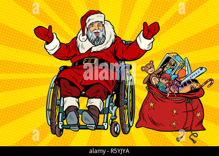 disabled Santa Claus is in a wheelchair, Christmas gifts Stock Photo