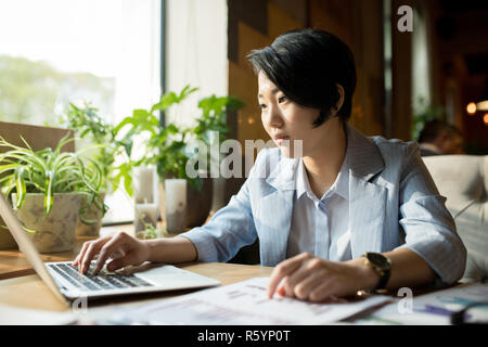 Serious Asian businesswoman comparing information Stock Photo
