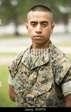 Pvt.  Triston N. Sonden, Platoon 3028, India Company, 3rd Recruit Training Battalion, earned U.S. citizenship April 20, 2017 , on Parris Island, S.C. Before earning citizenship, applicants must demonstrate knowledge of the English language and American government, show good moral character and take the Oath of Allegiance to the U.S. Constitution. Sonden, from Frederick, Md., originally from Federal State of Micronesia, is scheduled to graduate April 21, 2017 . Stock Photo